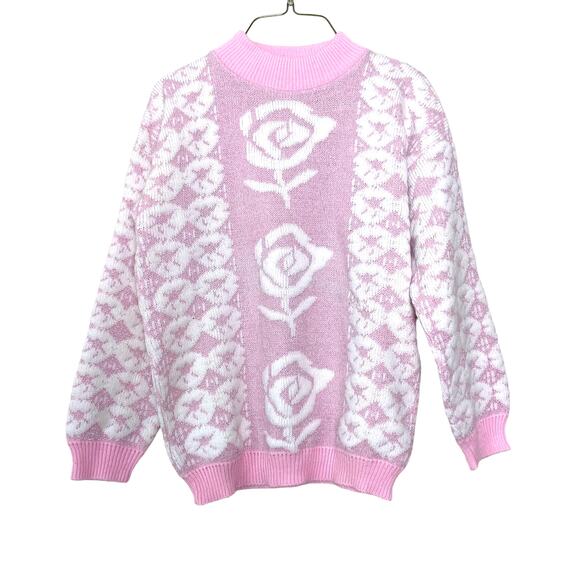 American Vintage Sweaters - VTG 80s 90s Private Eyes pink white silver rose pattern mock neck sweater MEDIUM